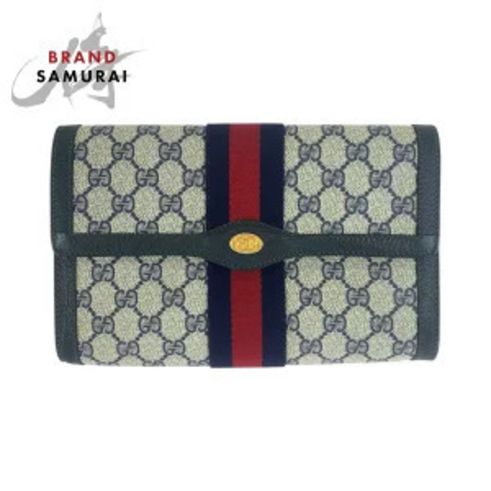 Gucci Sherry Clutch Bag Navy Blue Red GG Supreme Canvas Leather